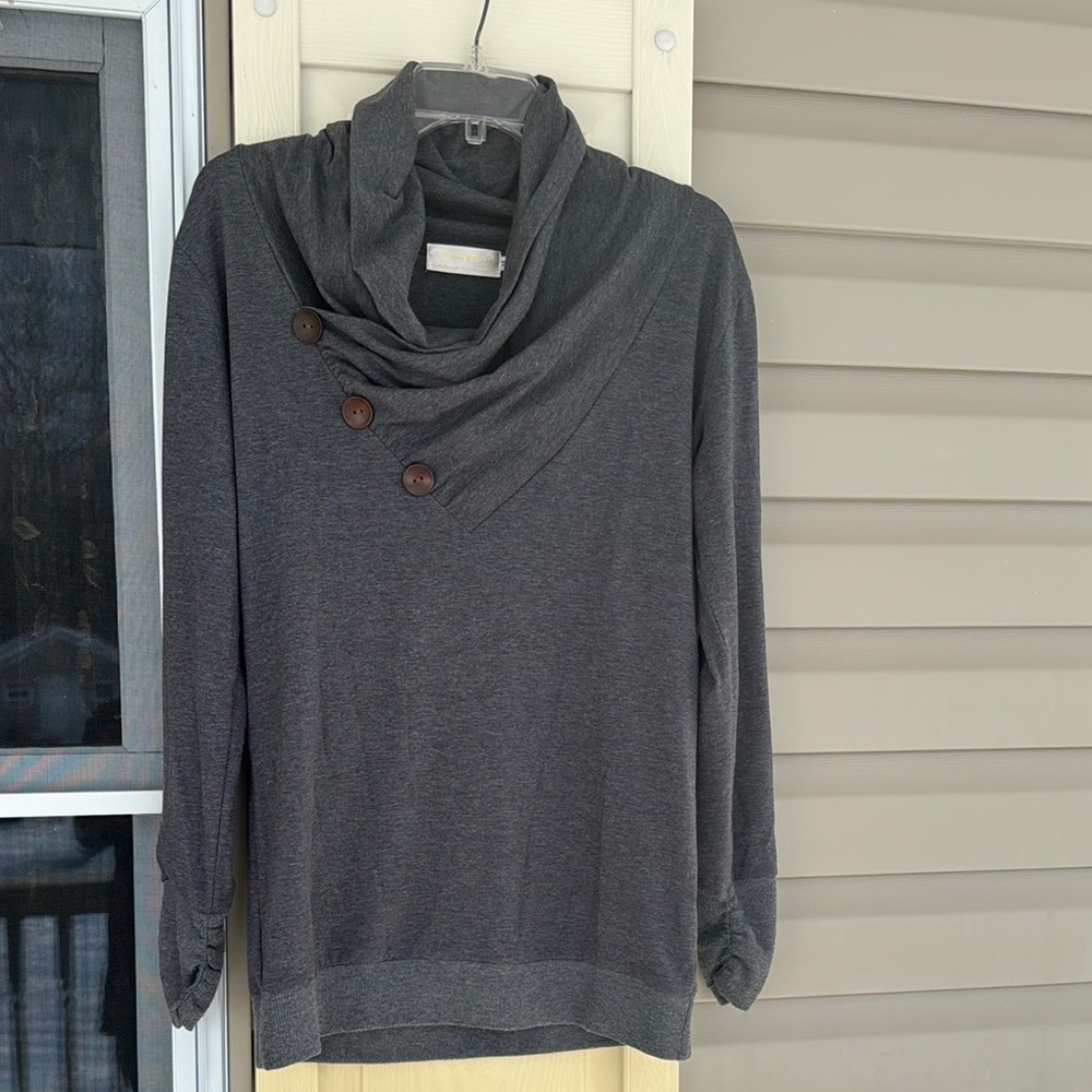 Gray Cowl Neck shirt with Button Detail